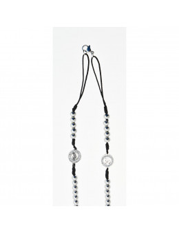 Chapelet boules en inox, fil noir et strass 
