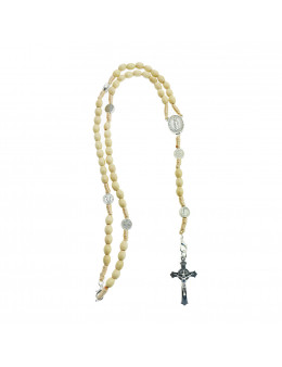 Chapelet St Benoit, corde et perles ovales en bois clair