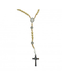 Chapelet St Benoit, corde et perles ovales en bois clair