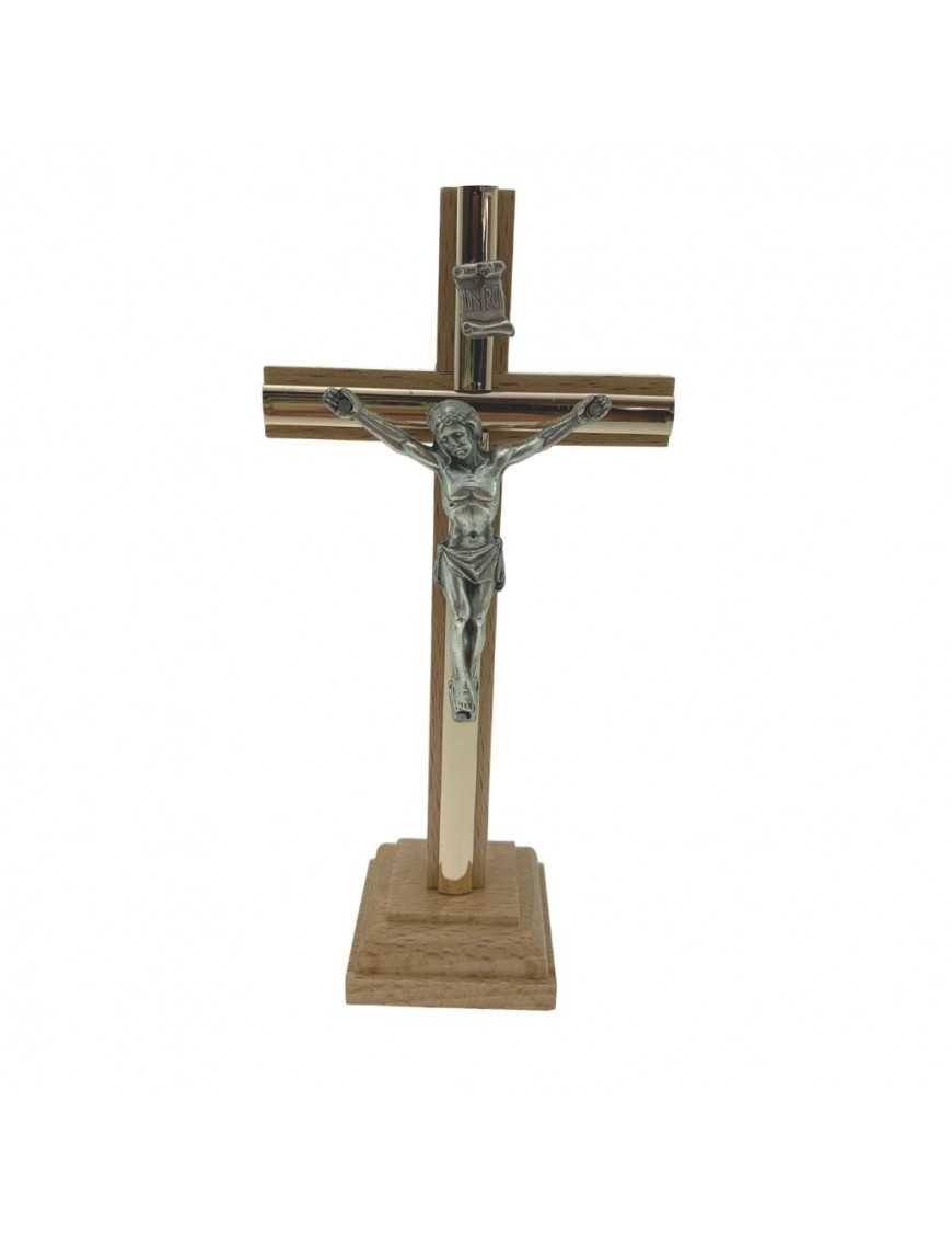 Calvaire / Crucifix / Croix en bois clair et métal cuivré 15 cm