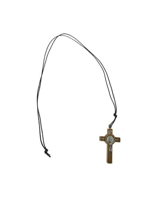 Crucifix / croix de Saint Benoit en bois d'olivier sur corde