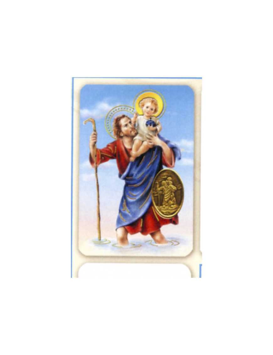 Carte plastifiée prière avec poinçons style médaille Saint Christophe