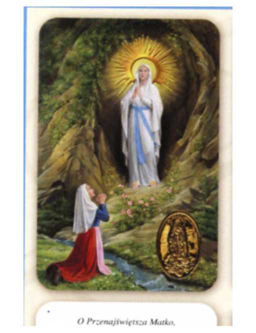 Carte plastifiée prière avec poinçons style médaille Notre Dame de Lourdes