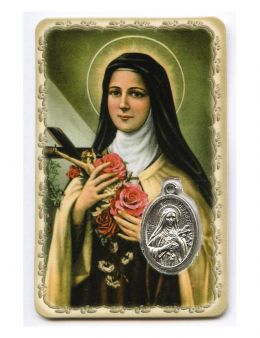 Carte plastifiée - Sainte Thérèse - Médailles argenté - Prière - 11 x 6 cm