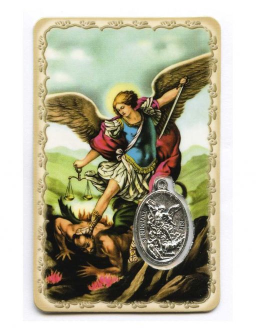 Carte plastifiée - Saint Michel - Médailles argenté - Prière - 11 x 6 cm