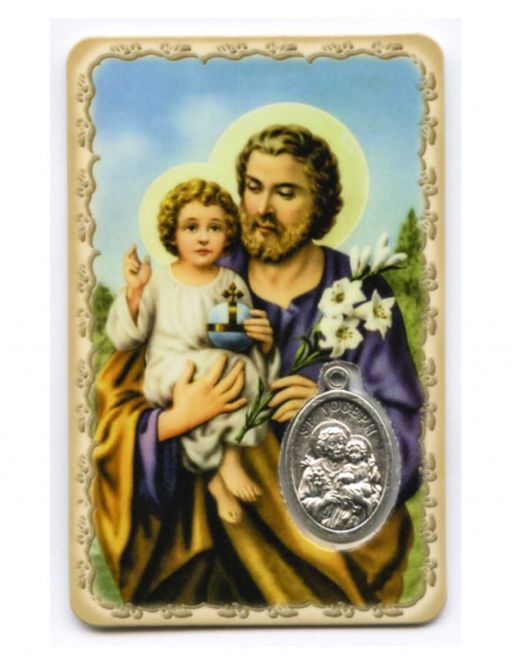 Carte plastifiée - Saint Joseph - Médailles argenté - Prière - 11 x 6 cm