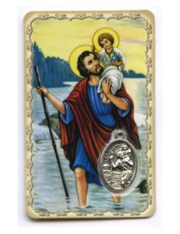 Carte plastifiée - Saint Christophe - Médailles argenté - Prière - 11 x 6 cm