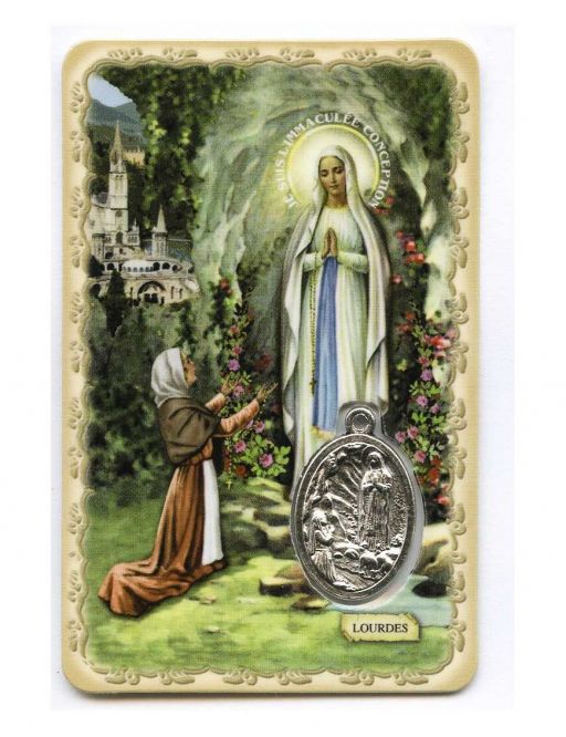 Carte plastifiée - Notre Dame de Lourdes - Médailles argenté - Prière - 11 x 6 cm