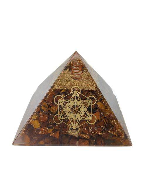 Pyramide Orgonite en Œil de Tigre avec symbole metatron - L. 6 cm