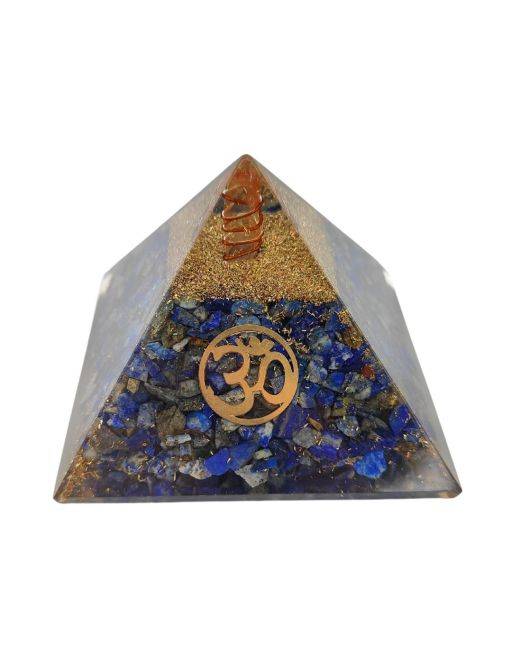 Pyramide Orgonite en Lapis-lazuli avec symbole OM - L. 6 cm