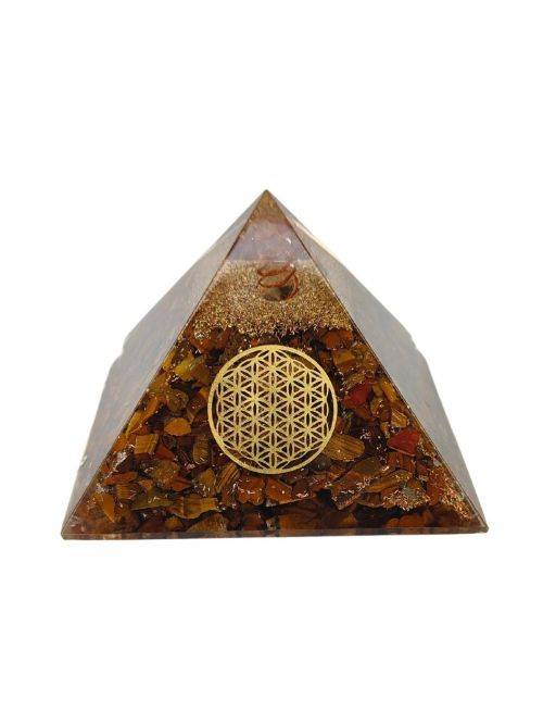 Pyramide Orgonite en Œil de Tigre avec fleur de vie, L. 8 cm