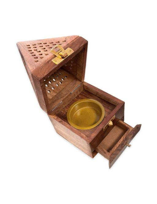 Porte Encens Coffret Tiroir en Bois de Sheesham - Pyramide - 16cm