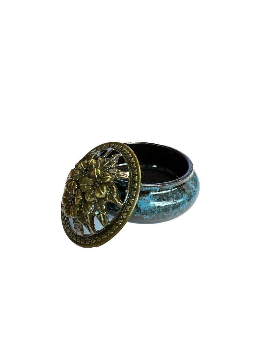 Porte Encens Céramique Noire et Bleu 10cm