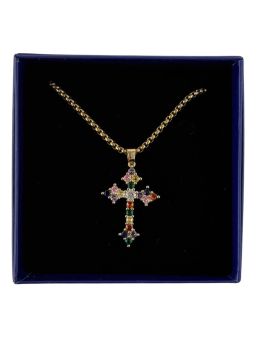 Pendentif Croix Dorée avec Pierres Multicolores