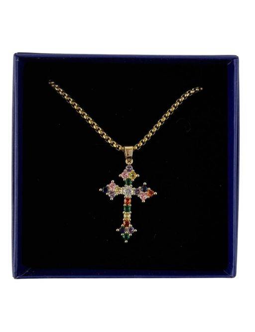 Pendentif Croix Dorée avec Pierres Multicolores Pendentif Croix Dorée avec Pierres Multicolores