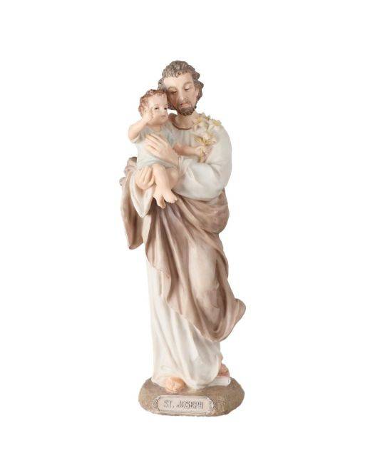 Statue de saint Joseph en polystone polychrome, peinte à la main, hauteur 21 cm.