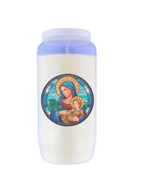 Bougie Veilleuse Blanche 3 jours Autocollant Vierge marie et son Bébé en vitrail 8x8cm Bougie Veilleuse Blanche 3 jours Autocollant Vierge marie et son Bébé en vitrail 8x8cm