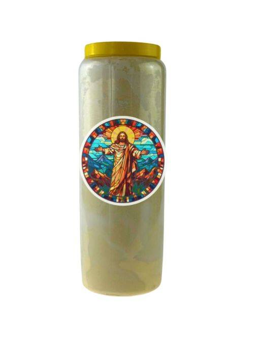 Bougie Veilleuse Blanche 9 jours AutocollantJésus-Christ en vitrail - 11cm Bougie Veilleuse Blanche 9 jours AutocollantJésus-Christ en vitrail - 11cm