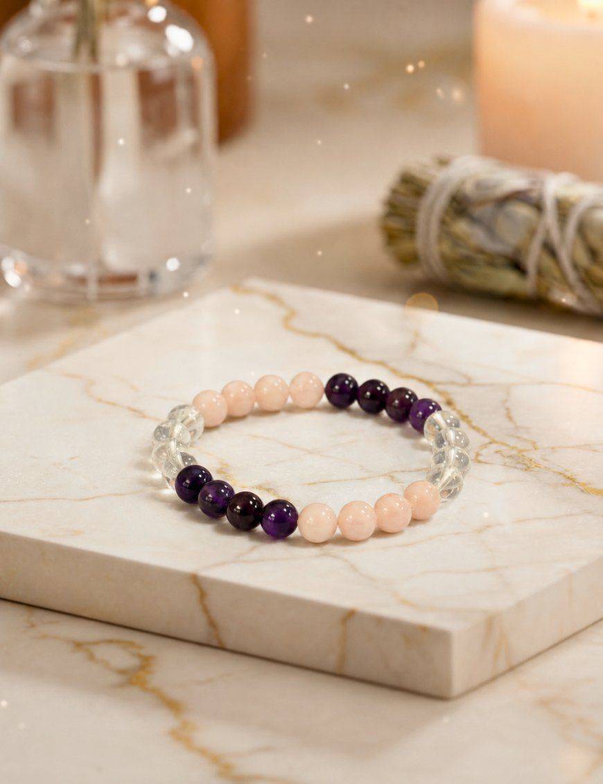 Bracelet perles 8mm - Cristal de Roche - Quartz rose - Améthyste