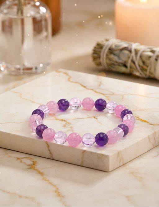 Bracelet perles Améthyste, Cristal et Quartz rose 