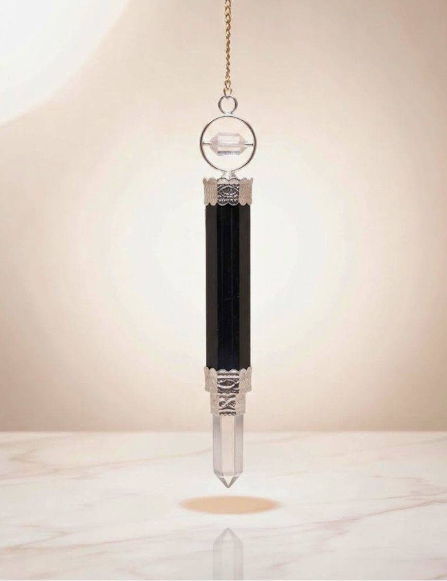 Pendule divinatoire tourmaline & cristal de roche - Protection amplifiée