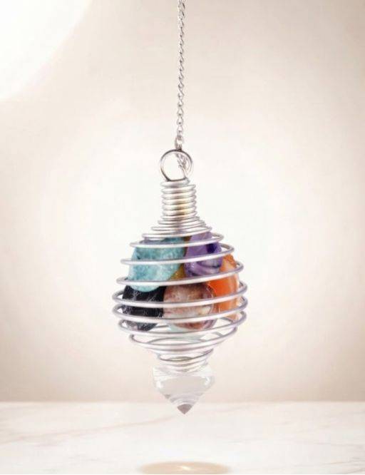 Pendule divinatoire Spirale Pierres de chakras et chaine argentée