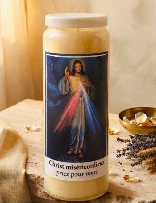 Bougie de neuvaine 9 jours 100% végétal avec autocollant du Christ miséricordieux
