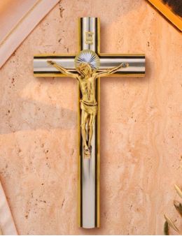 Superbe crucifix / croix en bois doré et argenté, Christ en métal doré