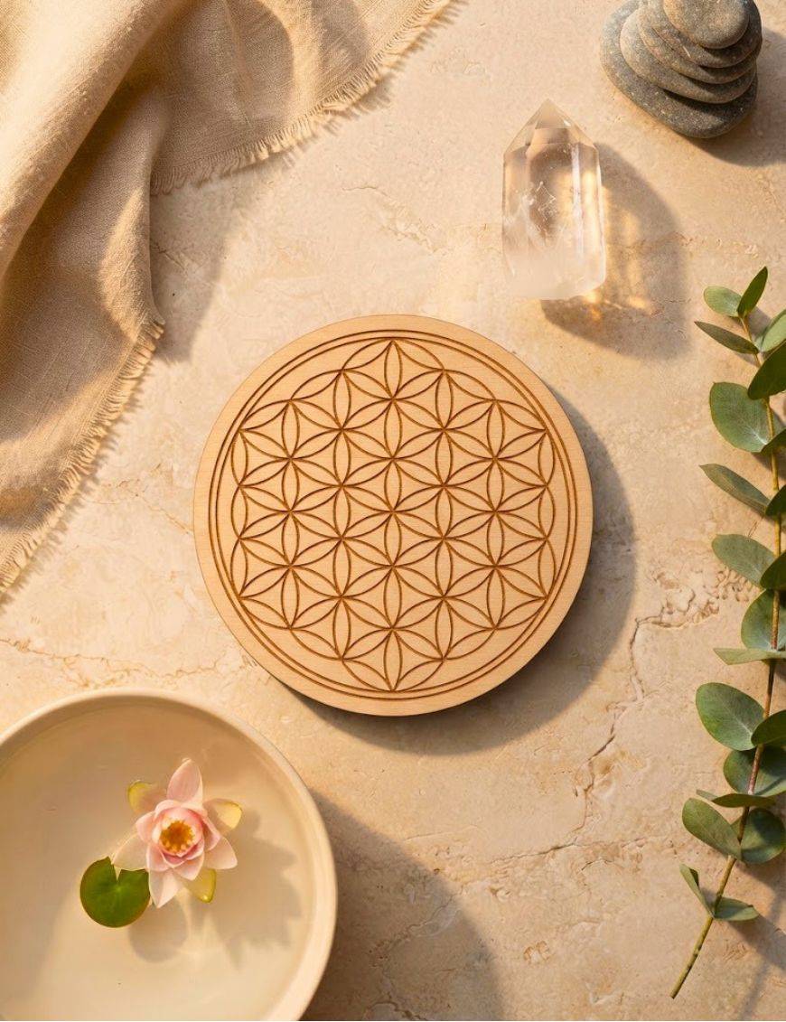 Plaque de rechargement Fleur de Vie Sculpté- Bois - 10cm