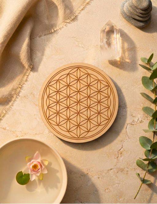 Plaque de rechargement Fleur de Vie Sculpté- Bois - 10cm