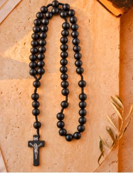 Chapelet corde, grosses perles noires en bois