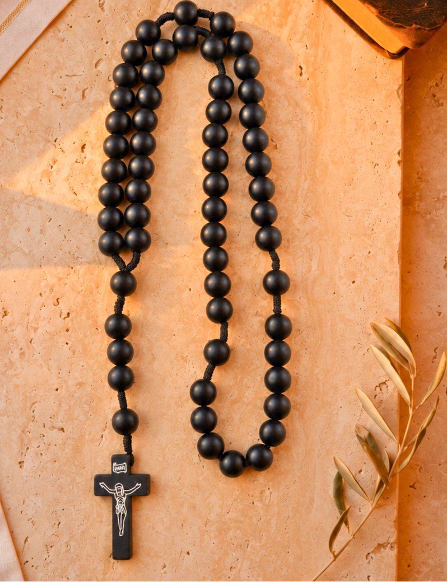 Chapelet corde, grosses perles noires en bois