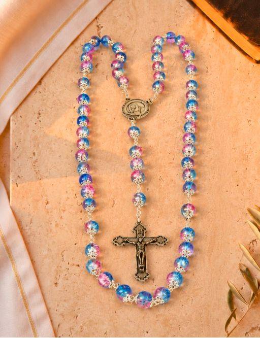 Chapelet Chaine - ND de Lourdes - Perles en Verre Roses et Bleues
