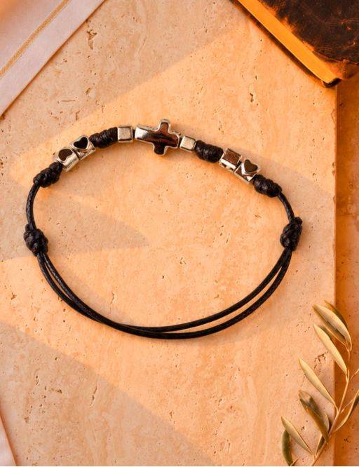Bracelet cordon croix métal+coeur