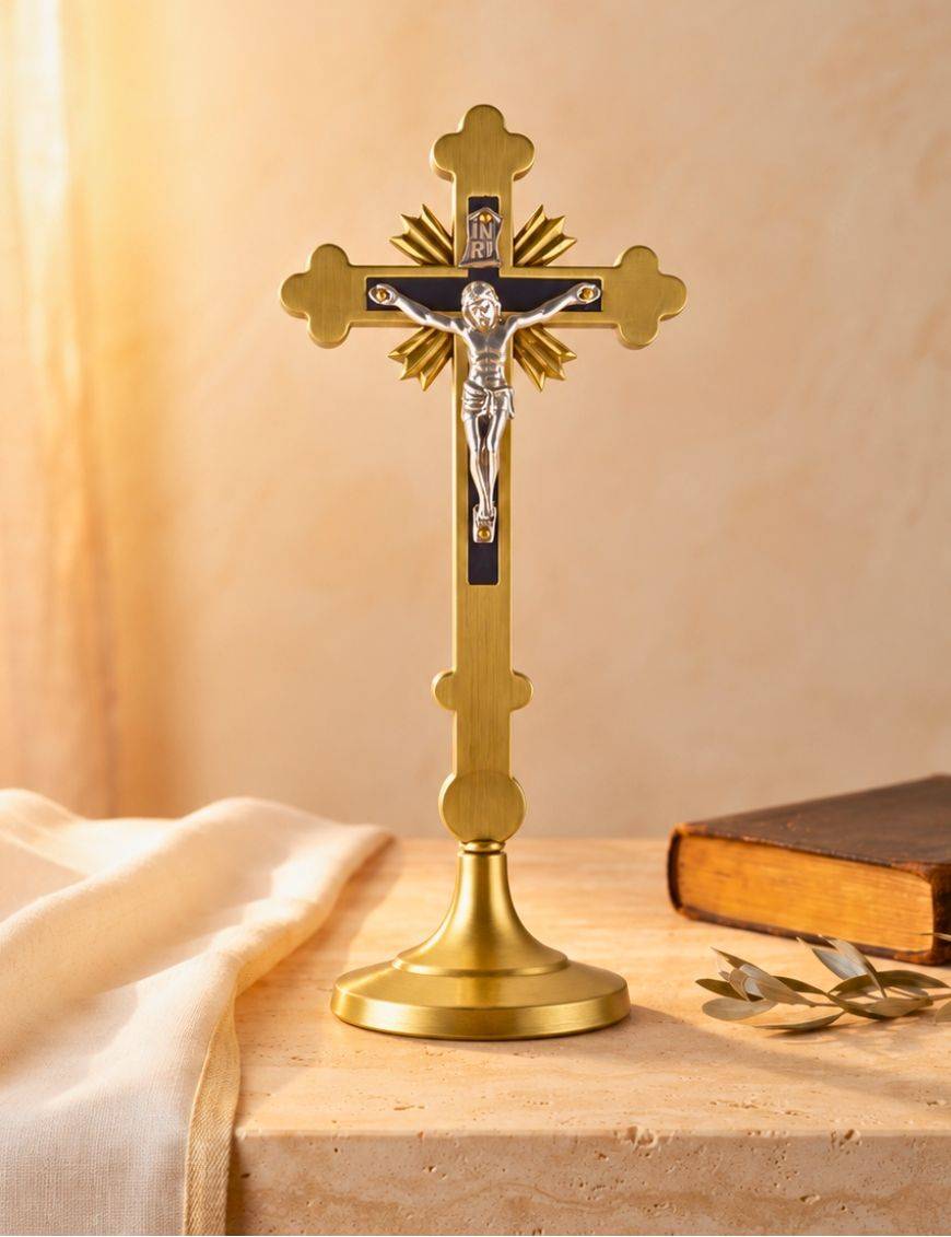 Crucifix sur pied ou calvaire métal 18 cm