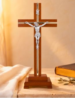 Crucifix sur pied / calvaire / croix sur pied en bois foncé naturel et métal