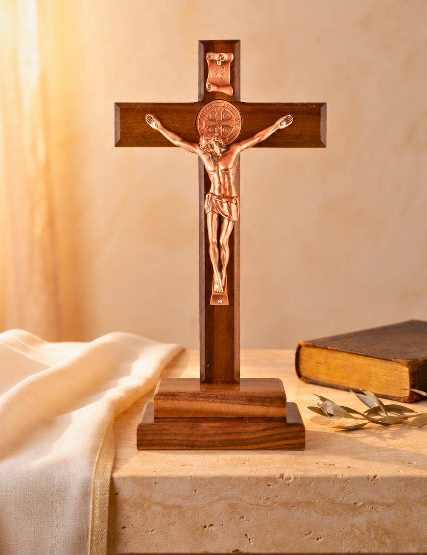 Calvaire/ crucifix / croix de St Benoit bois couleur chêne foncé 28 cm