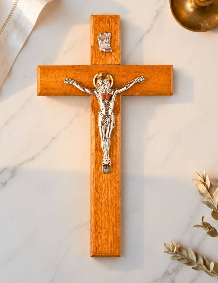 Crucifix / croix bois Christ argenté 20 cm
