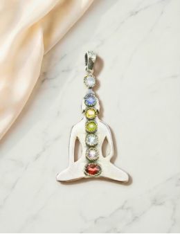 Pendentif Yogi 7 chakras, argent 925 et pierres serties
