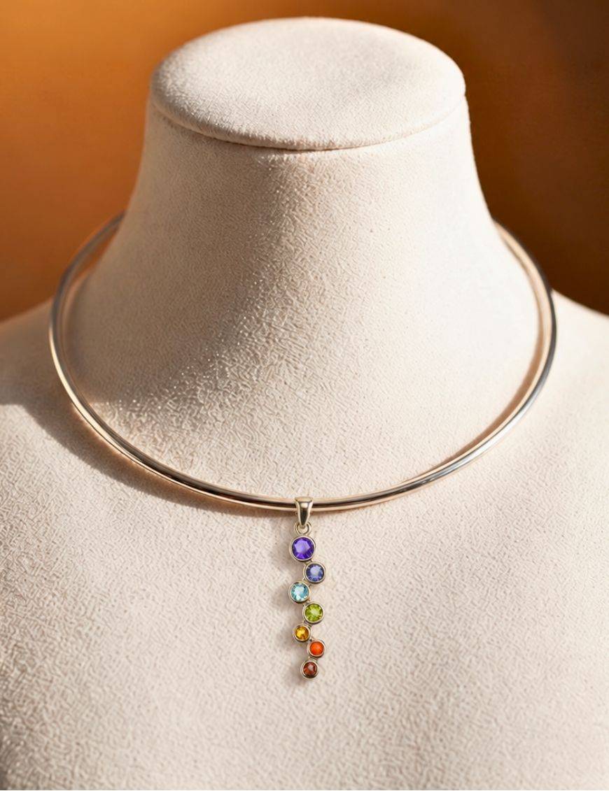 Pendentif argent 7 chakras ronds irréguliers