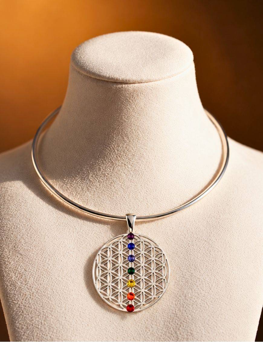 Petit Pendentif plaqué Argent - 7 chakras - Linéaire
