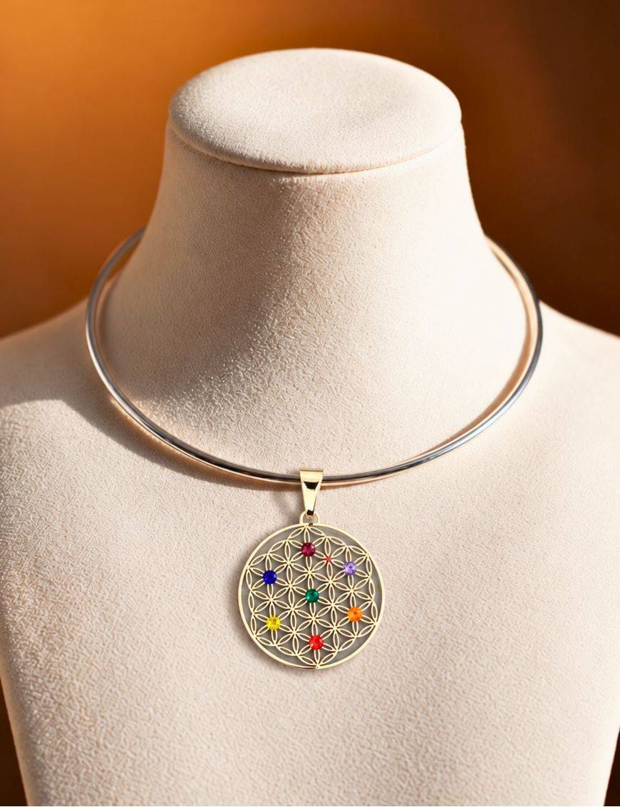 Grand Pendentif plaqué Argent - 7 chakras - Hexagonal