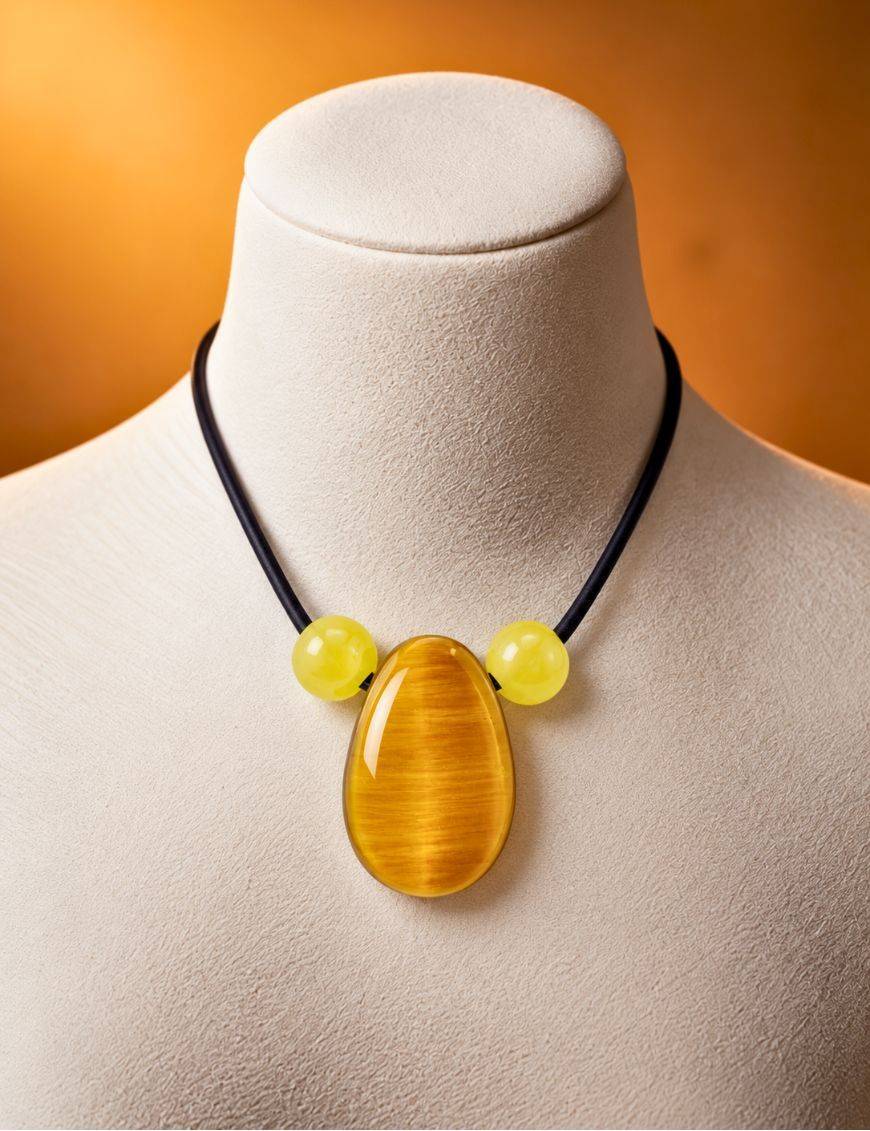Collier corde et pierres, composition unique Oeil de tigre et calcite jaune