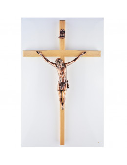 Croix en bois clair 45 cm et Christ en cuivre