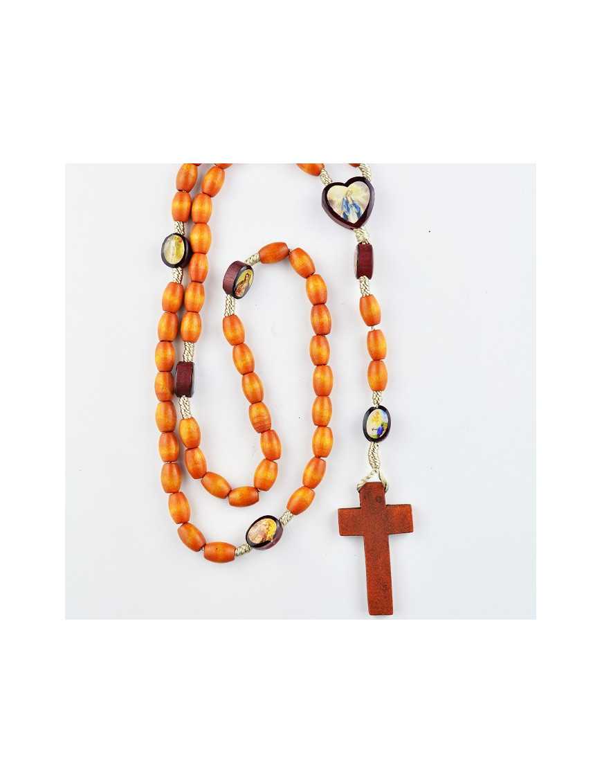 Chapelet corde avec images de saint et perles bois ovales