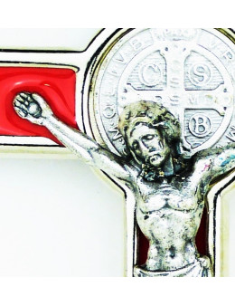Croix Saint Benoit en métal chromé et émail coloré 13 cm
