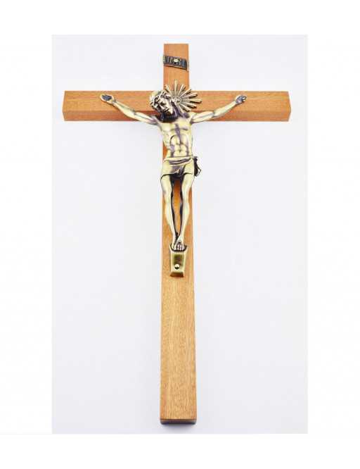 Grand crucifix bois avec Christ en métal 43 cm