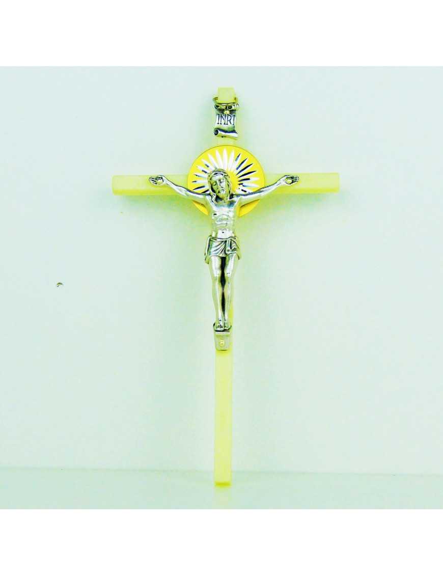 Crucifix plastique lumineux phosphorescent et Christ en métal argenté