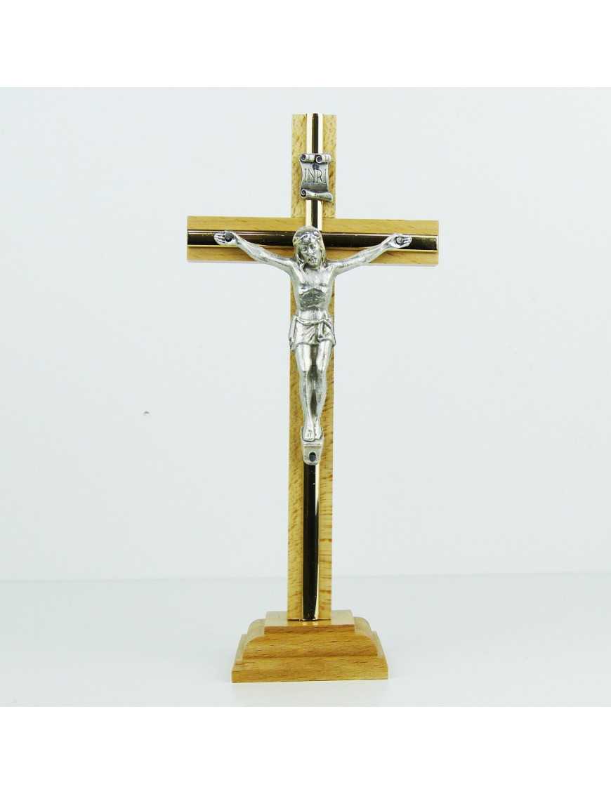Crucifix sur pied ou calvaire en bois naturel et métal