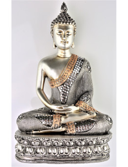 Bouddha Sakyamuni de méditation assis argenté avec socle